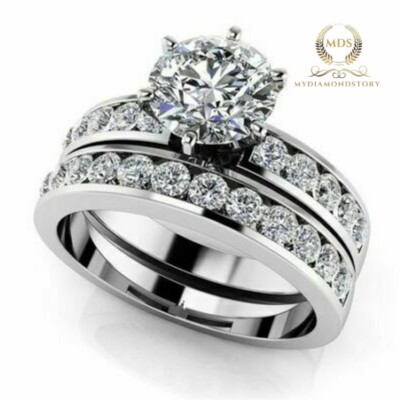 3.00 Carat Round Cut Moissanite Bridal Set Engagement Ring Solid 14K White Gold