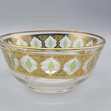 Valencia by CULVER 5" Round Bowl Green/Gold Filigree Design Smooth Stem excellen