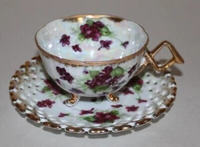 Vintage Shafford Japan Violet Floral Tri-Footed Tea Cup & Saucer Laced Edges /#1