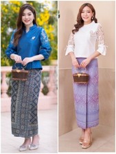 1 set Thai Traditional Blouse Skirt Silk Dress Women Merrit Wedding Temple Lady
