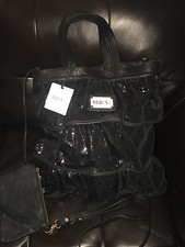 Image of New Valentino Red Italy Ruffle Sequin Leather Cross Body Tote Shoulder Bag Purse