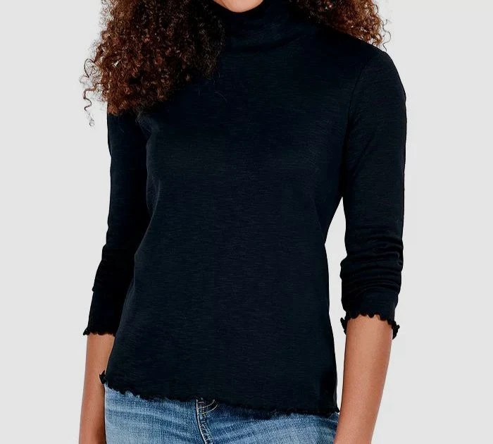 98 Nic Zoe Women s Black Lettuce Edge Cotton Blend Turtleneck Top Size L