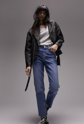 Topshop Jeans W32 L32 Größe 14 hoher Bund gerades Bein blau Denim