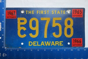 1965 65 1966 66 1967 67 DELWARE DE LICENSE PLATE TAG #PC 9758 RIVETED COMMERCIAL
