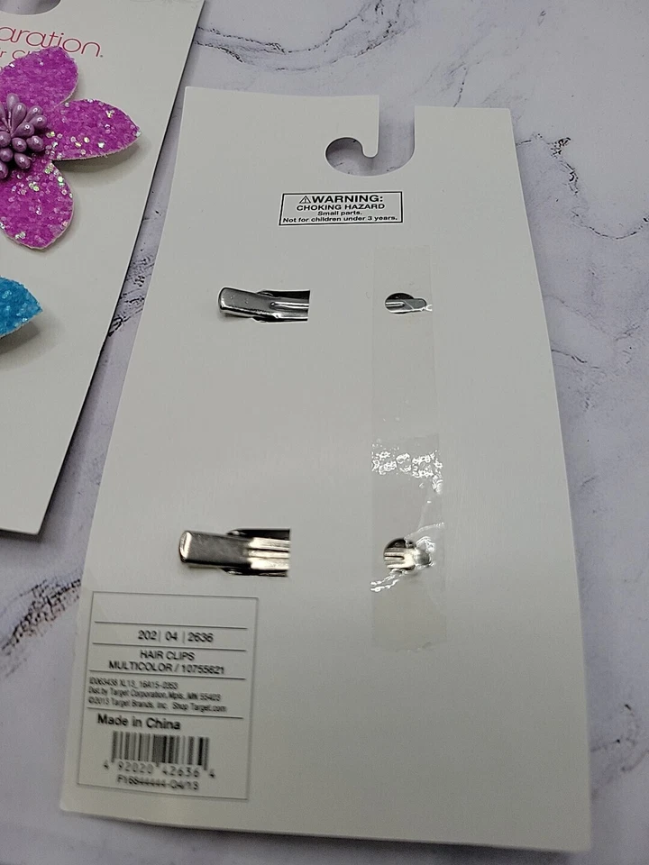 Sparkle Flower Hair Clips Barrette 3 pk Purple & Blue 2.5"ea Stiff Fabric - Изображение 3 из 3