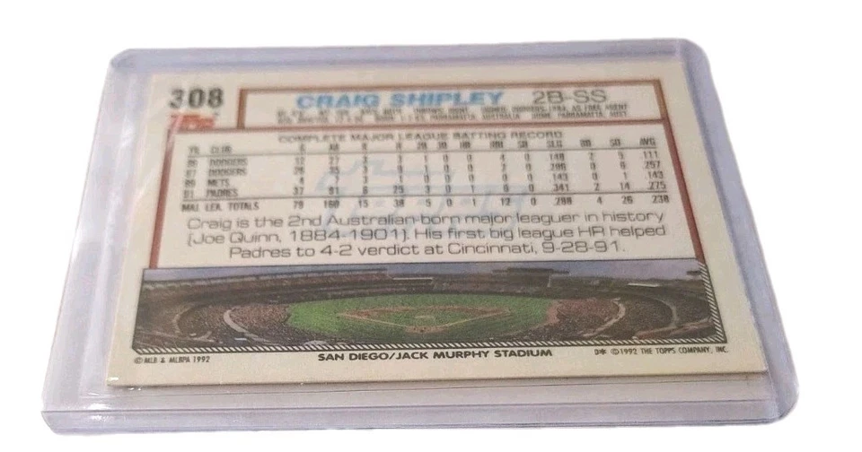1992 Topps - Craig Shipley Padres #308 MLB - Image 2 of 2
