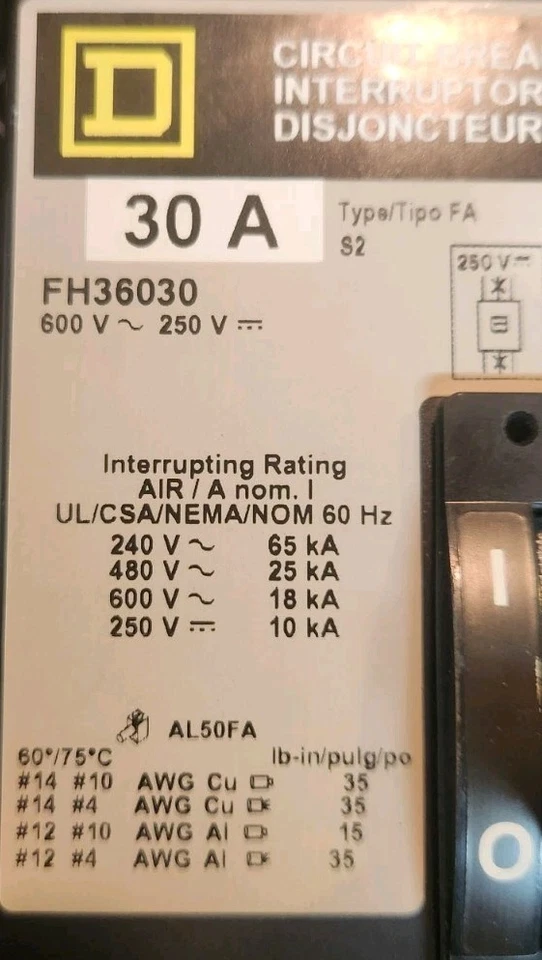 (New) Square D FH36030 3 Pole 30 Amp 600 Volt I-Line Circuit Breaker 25kva@480v - Image 2 of 4