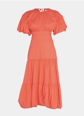 cinq à sept Coral Chiffon Cotton Midi Dress Cut-Out Puff Sleeve Size 4