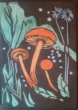 ACEO Original Linocut Mushrooms Art Card #6 of 18 Hand Pulled with Watercolor  