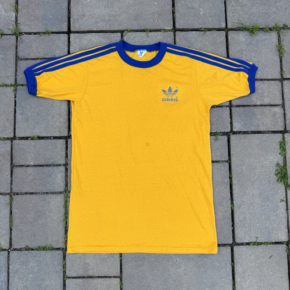 Vintage 70s 80s Adidas Gold Blue Soccer Jersey Tee Shirt Trefoil