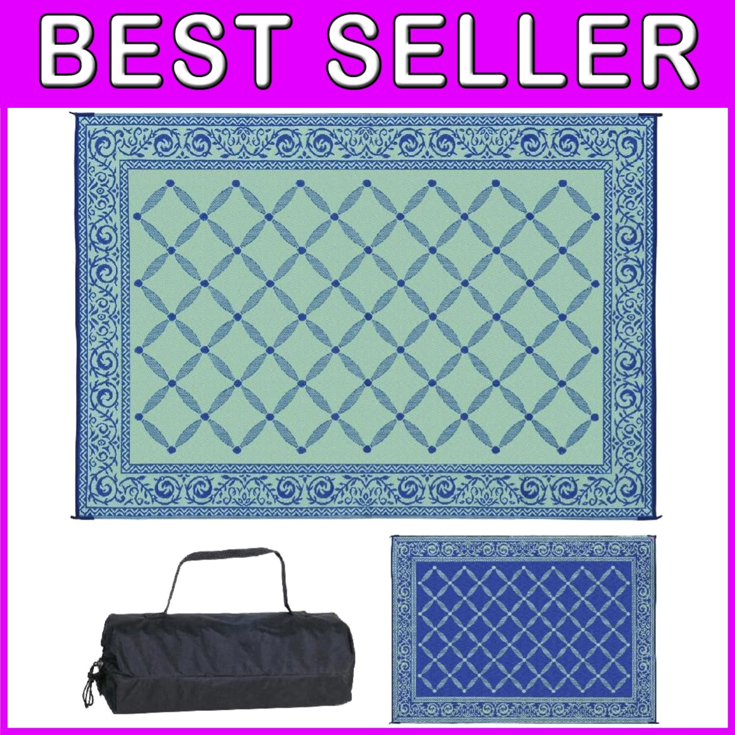 Reversible Plastic Straw Rug - Large Outdoor Mat, Blue/Green