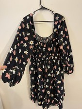 Kate Spade New York L Black Floral Mini Dress Long Sleeve Smocked Waist