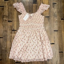 LOVESHACKFANCY Sunshine Cherry Kisses PINK FLORAL SMOCKED MINI DRESS NEW Small