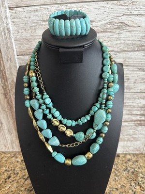 SAQ Southwestern Faux Turquoise Beaded Acrylic Four Strand Necklace & Bracelet