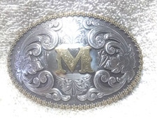Nocona Letter M Buckle Silver Flowers Swirling Edge Gold Beaded Edge Great  