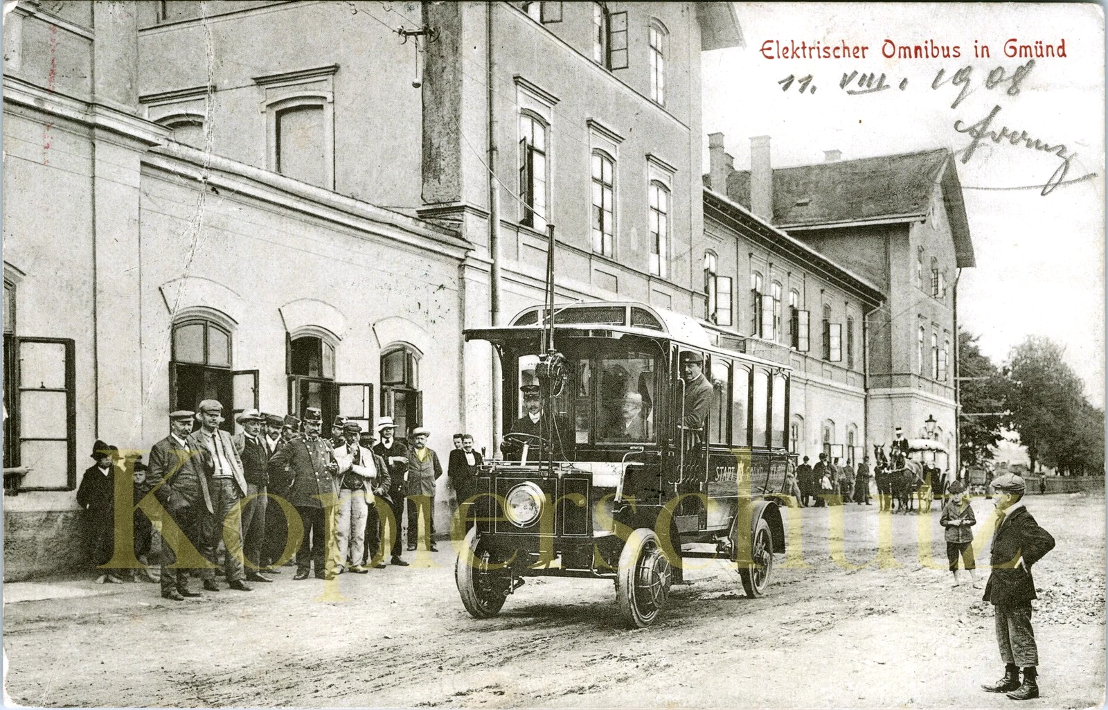 Hist. Postkarte - Bahnhof Gmünd und elektrischer Omnibus 1907, gelaufen 1908 - Bild 1 von 2