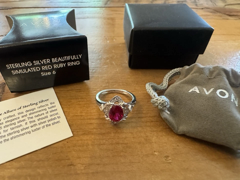 Avon Sterling Silver 925 Simulated Ruby Ring Size 6 Rhinestone Halo NVC NIB - Image 2 of 4