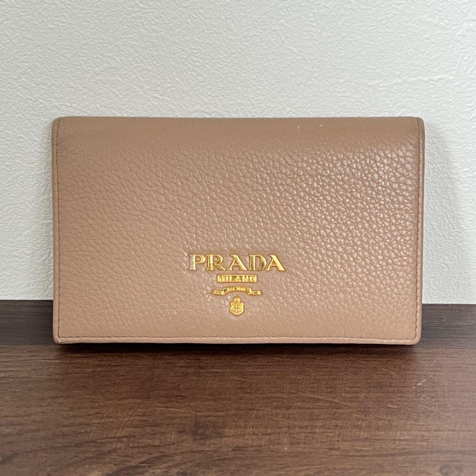 PRADA Leather Card Case Wallet in Beige with Gold Logo for Commuter Pass