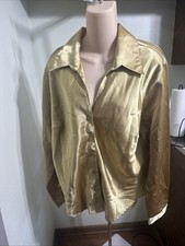 New Dress Barn Shiny Satin Button Up Gold Long Sleeve Collared Collar