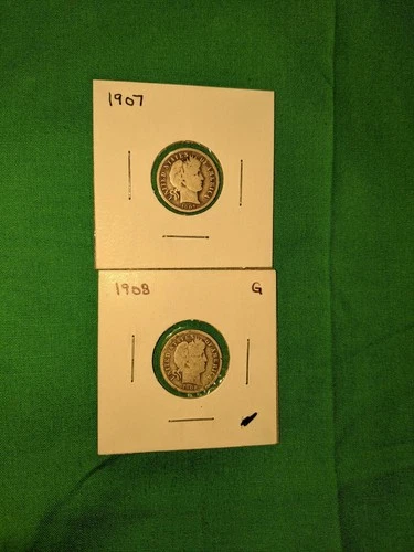 1907 & 1908 Barber Dimes Lot of Two 90% Silver Coins