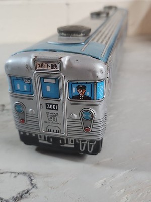 Vintage Japan Ichiko Tin Train Friction Powered 3061 Silver & Blue Train Car 17''