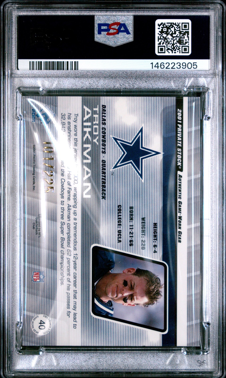 2001 PACIFIC PRIVATE STOCK GAME-WORN GEAR PATCH #40 TROY AIKMAN 101/225 PSA 8 view 2