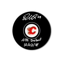 Dillon Dube Calgary Flames Autographed Hockey Puck Inscribed NHL Debut 10/03/18