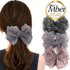 Mber 3x Leopard Banana Hair Clips Strong Hold Large Organza Ribbon Bow Claw Clip