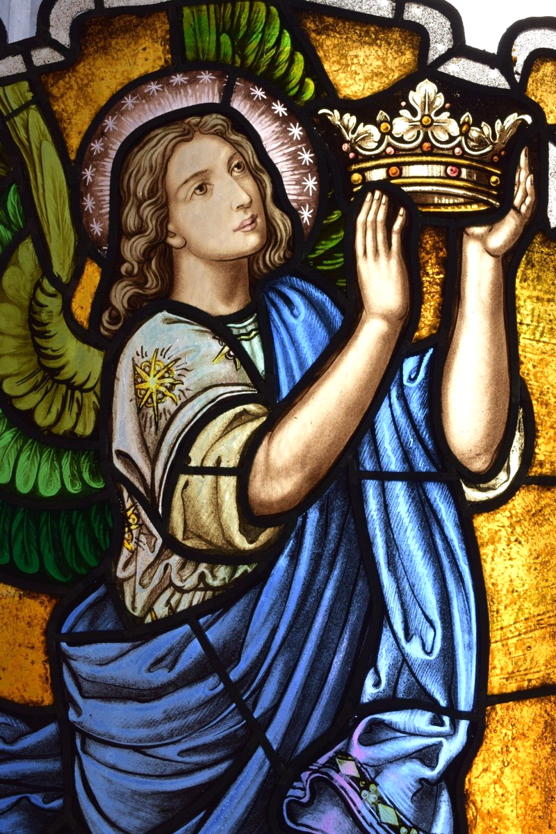 Older Vintage German Stained Glass Church Window, Angel with Crown