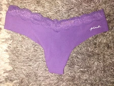 NeW vs pink lace trim no show thong Panty Size small purple logo