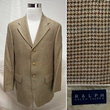 Men's Ralph Lauren Silk/Wool Blend Beige Houndstooth Plaid 40R Blazer Jacket