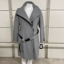 Dkny Asymmetrical Belted Funnel-neck Wool Blend Coat Women's Size Xl Light Grey