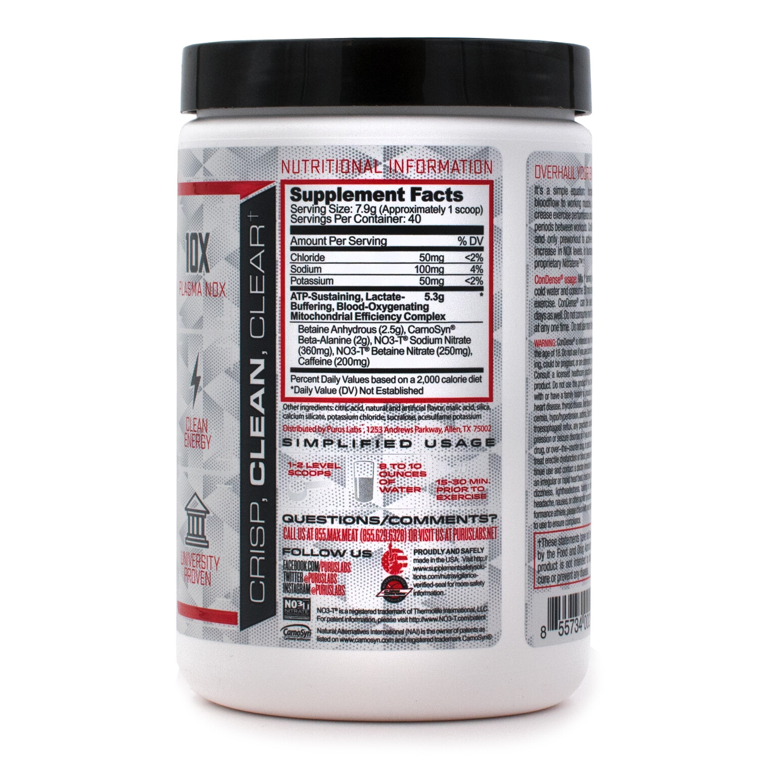 Purus Labs Condense PreWorkout Endurance Energy Drink Mix Powder 40