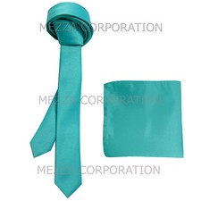 New Vesuvio Napoli Men's 1.5" skinny necktie  hankie set solid turquoise blue