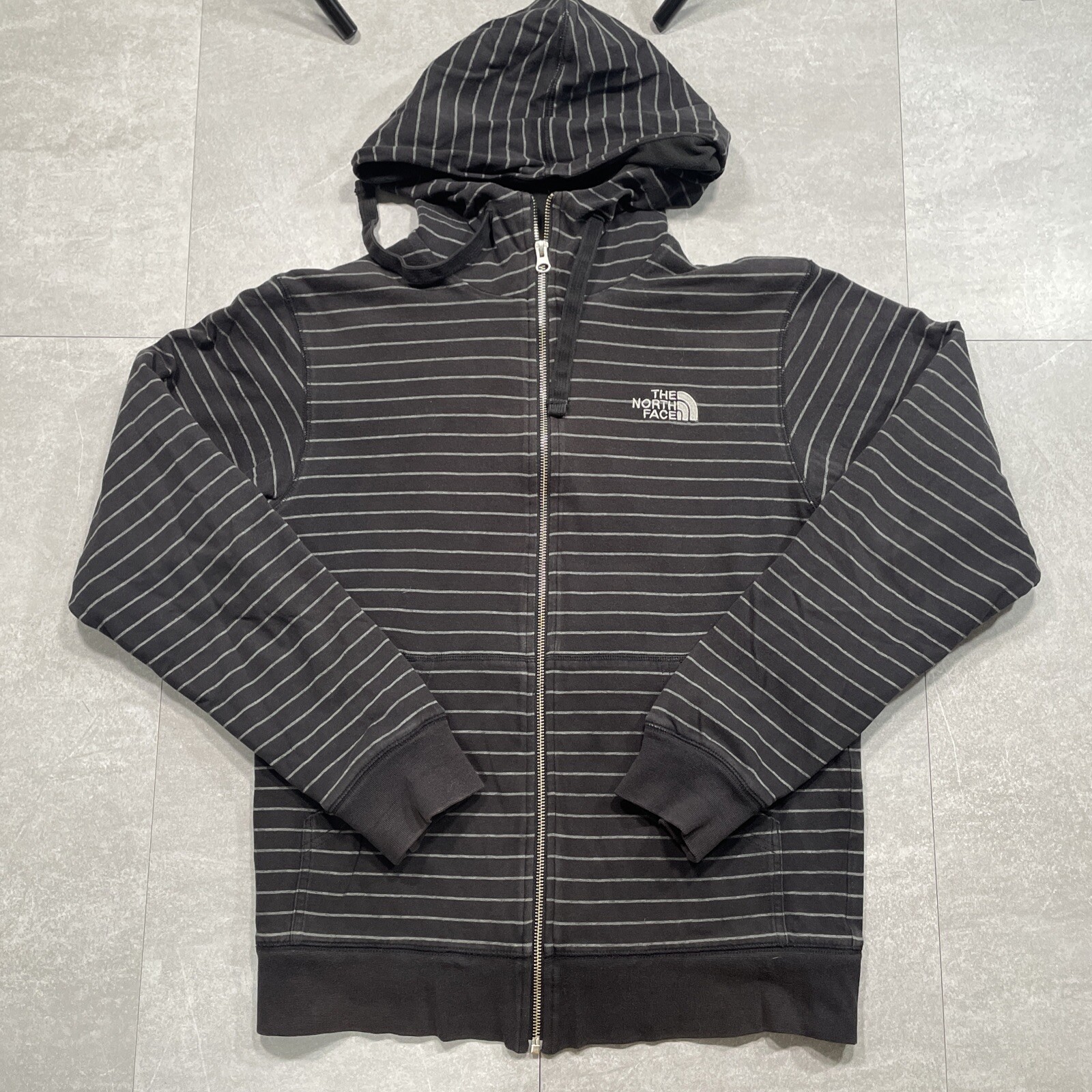 Vintage North Face Black Striped Full Zip Cotton Hoodie for Adults Size Small  