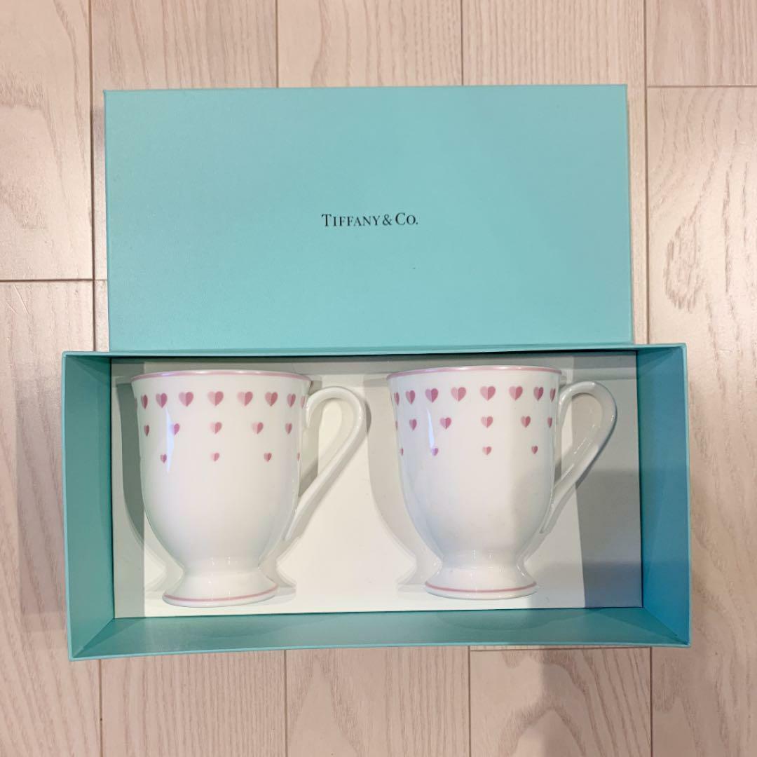 Tiffany & Co. Mug Cup Pair Set Pink Heart Pattern White Teacup