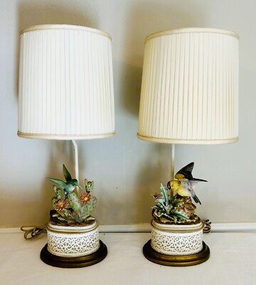 ANDREA BY SADEK LAMPS - PORCELAIN BISQUE GOLDFINCH BIRD & HUMMINGBIRD LAMP