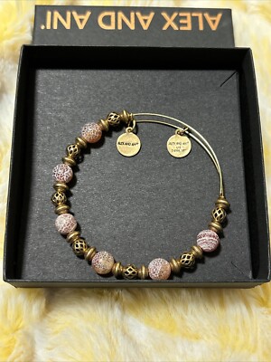 Gold Alex And Ani Bracelet With Crackel/ Coral Colored Beads