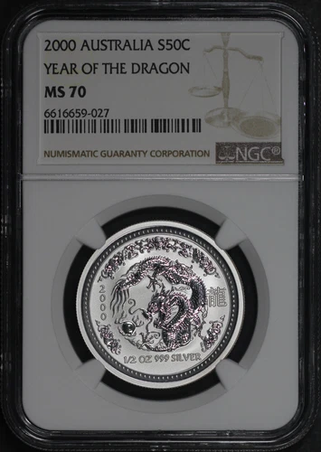2000 Australia 50C Silver Lunar Series Year Of The Dragon 1/2 oz NGC MS-70