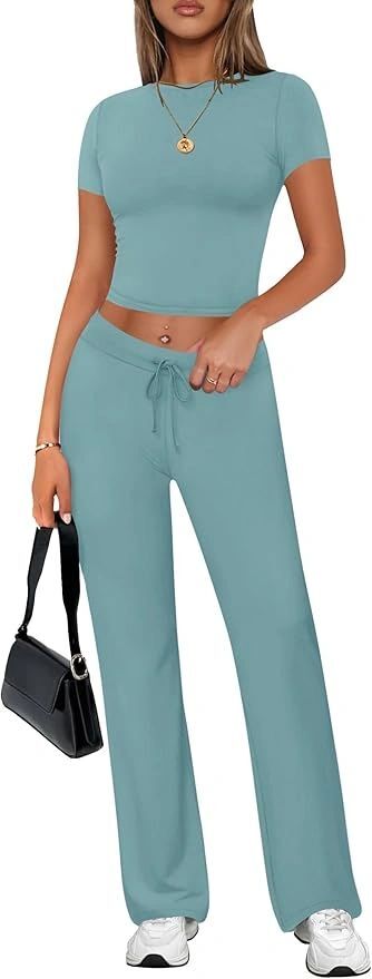 ZESICA Piece Lounge Sets Short Sleeve Crop Top Pants Comfy