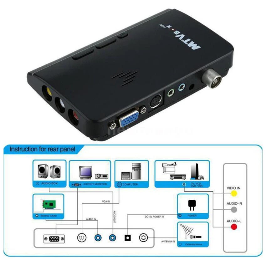 PAL/NTSC LCD sintonizador de TV analógico caixa PIP computador receptor de  programa de TV novo