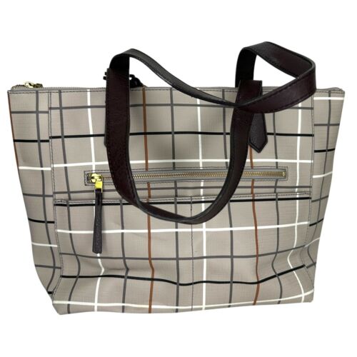 Fossil Devon Gray Plaid Tote Purse Shopper - Picture 2 of 8