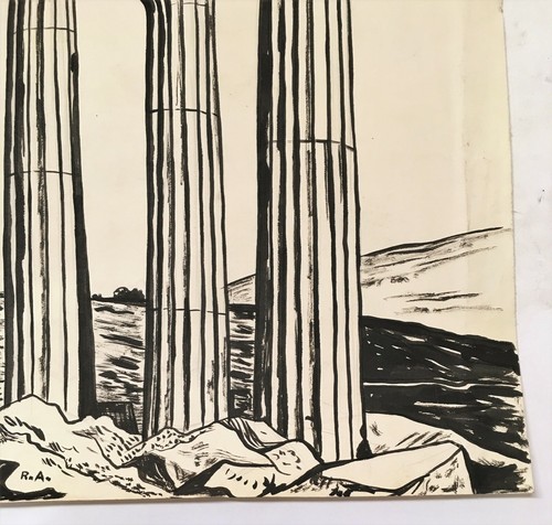 Original Signed 1948 Raul Anguiano Ink Drawing Roman Columns Important Mexico - Picture 2 of 5