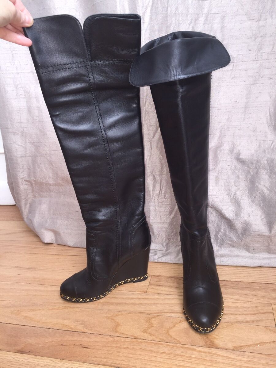 Chanel CC Logo Gold Chain Black Leather knee high Wedge Chanel CC Logo Gold Chain Black Leather knee high Wedge