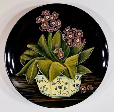 Past Times Purple Primrose Hand Painted Decorative Black Plate Flowers