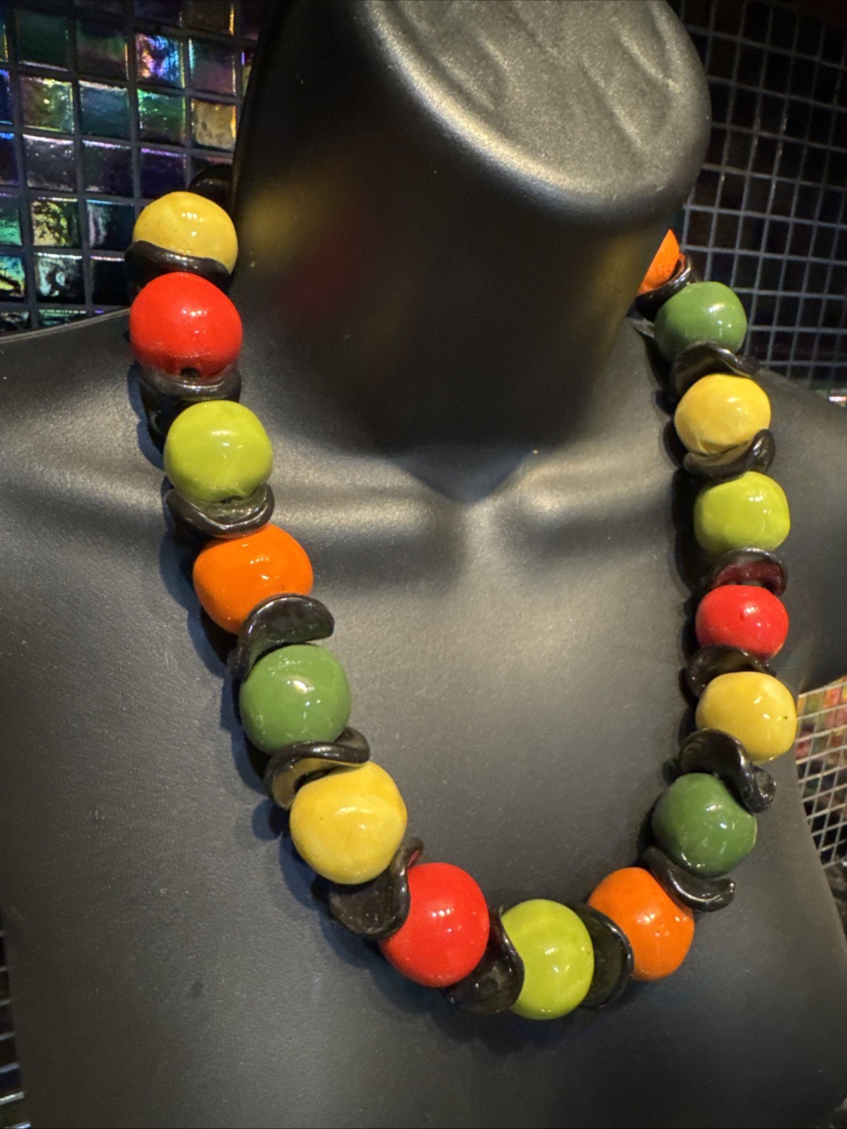 Artisan Hand-Painted Ceramic Bead 22" Necklace Bo… - image 2