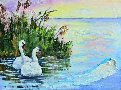 Schwäne Vögel Ölbild 20x15 cm Landschaft Sonnenuntergang Gemälde auf Malkarton - Bild 1 von 4