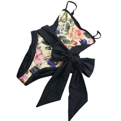 TA3 Women XS Black Floral Sashy One Piece Swimsuit Frame Rose Snake TA3315