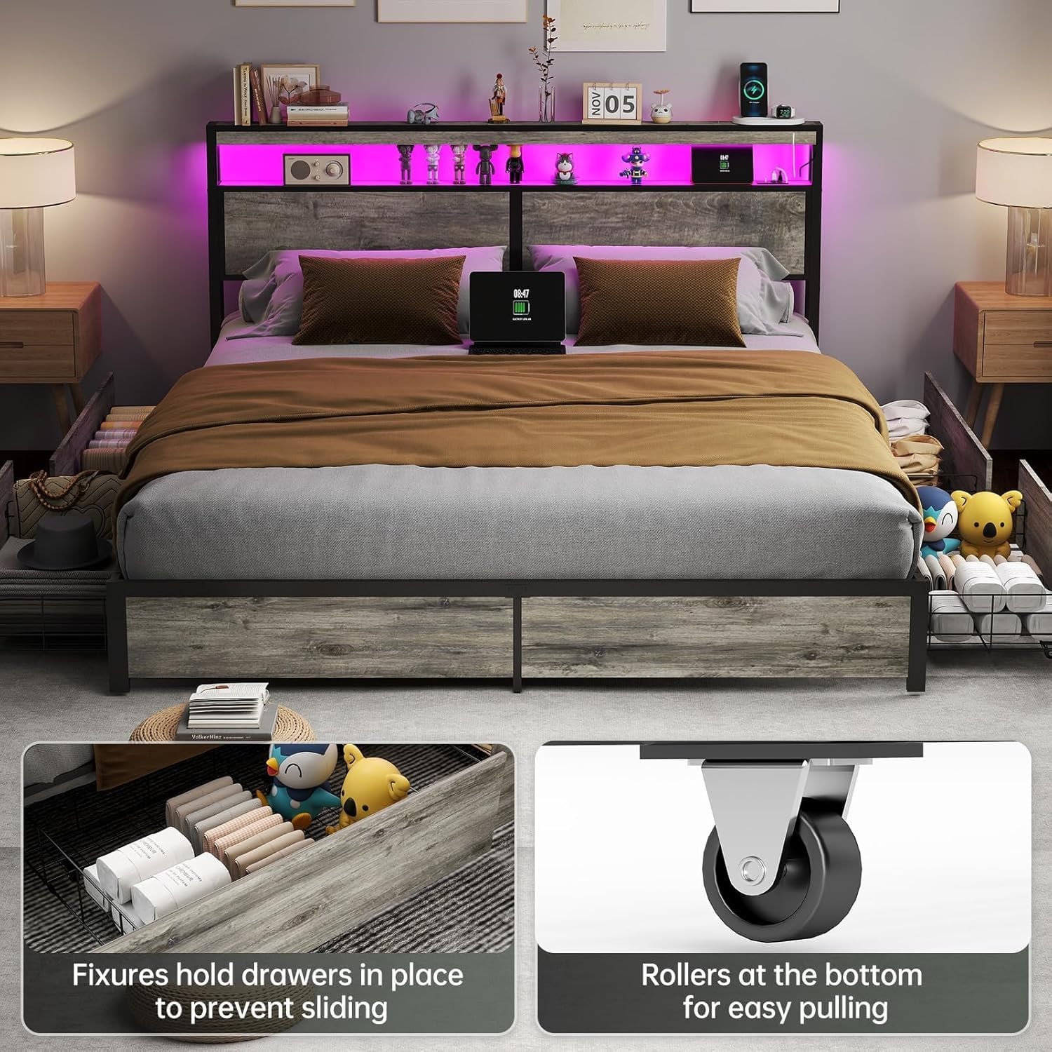 4 Storage Drawers Bed frame Metal Platform with Headboard,LED Light, Charging US