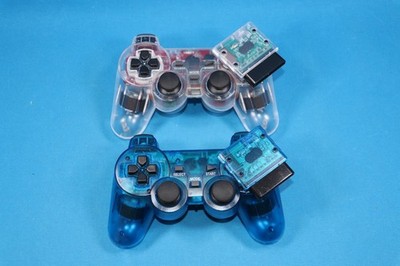 FOR PLAYSTATION 2 PS2/1 Dual Vibration WIRELESS Controller CLEAR & BLUE SET OF 2
